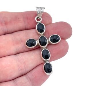 Vintage Mexico Taxco Sterling Silver 925 Onyx Cross Pendant